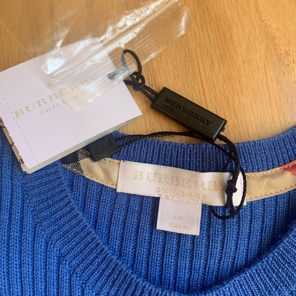 New Authentic Burberry Girl Sweater Cardigan Merino Wool  Sz 3-4T Blue Black Bow - Picture 2 of 8
